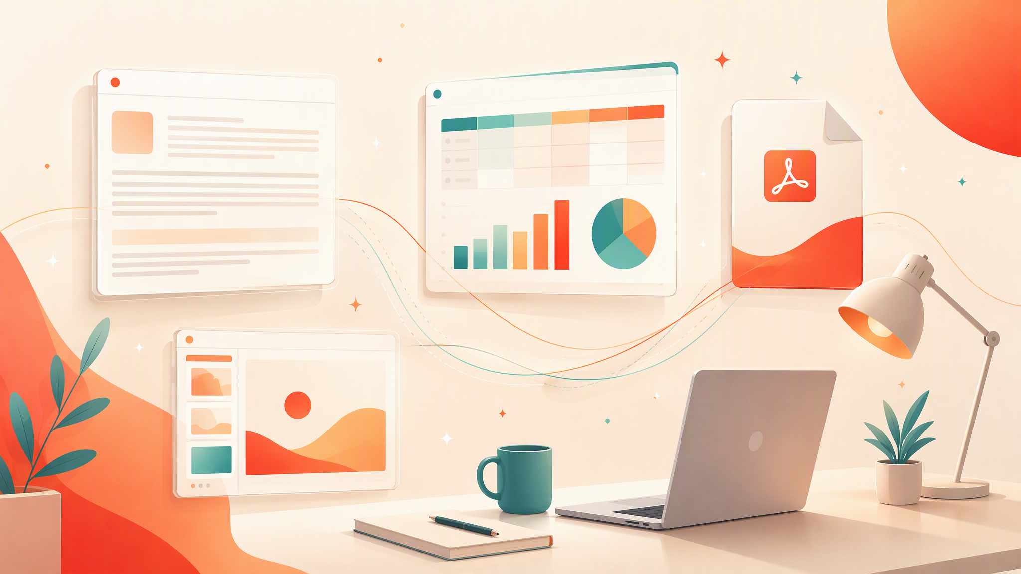 WPS Office 办公软件工作场景插画:文档、表格、演示与 PDF 在同一界面协同